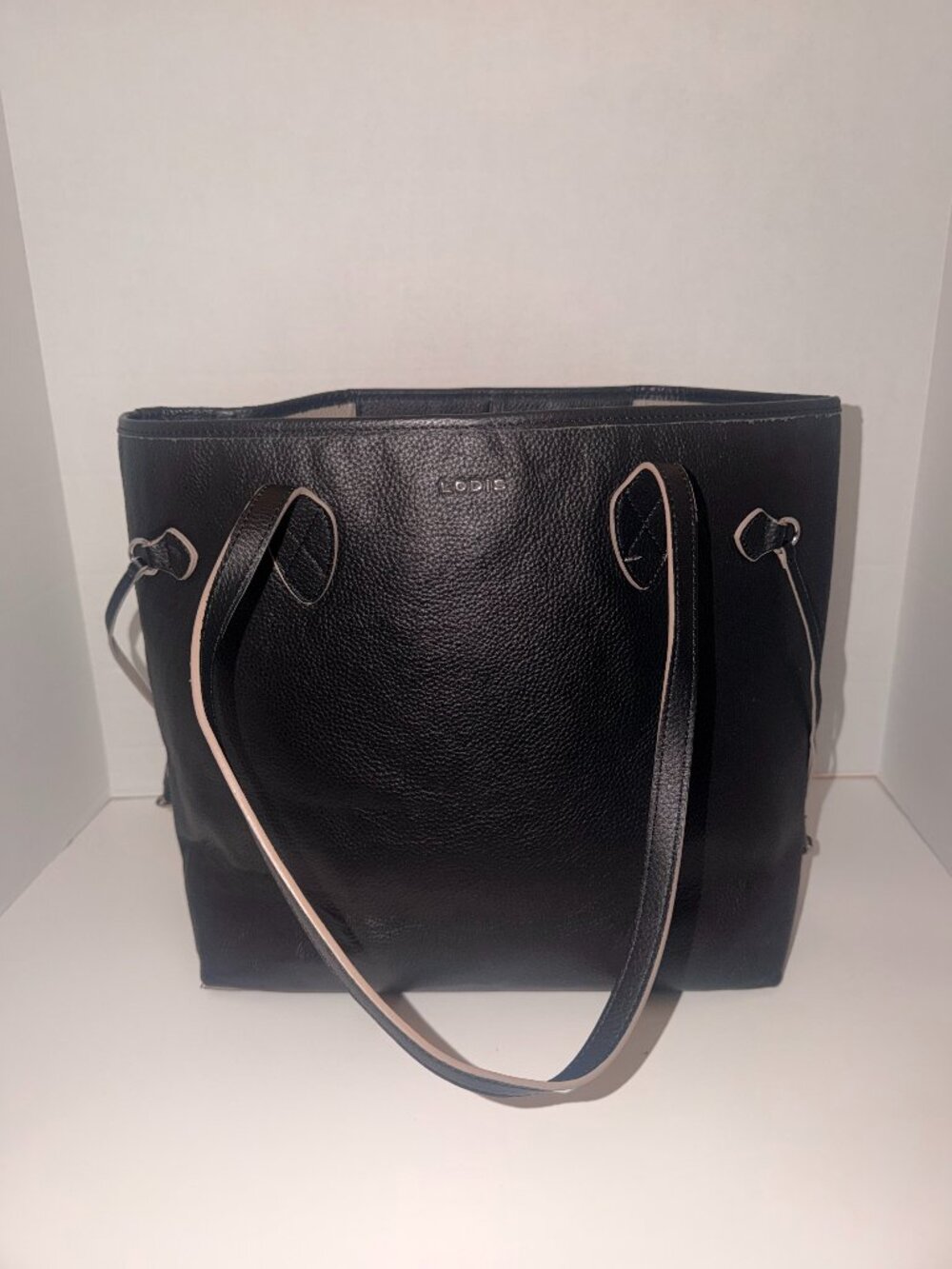 Lodis Black Pebbled Leather Tote Bag Cream Trim